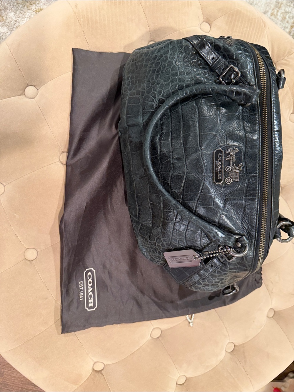 Coach Black Croc-Embossed Leather Duffel Bag